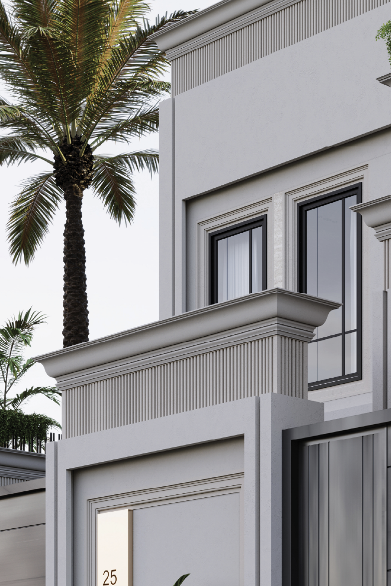 A staircase with floating wooden steps and a simple wooden handrail against white walls. Sunlight casts diagonal shadows, creating a striking contrast. A colorful abstract painting with splatters of blue, pink, and earthy tones decorates the adjacent wall.